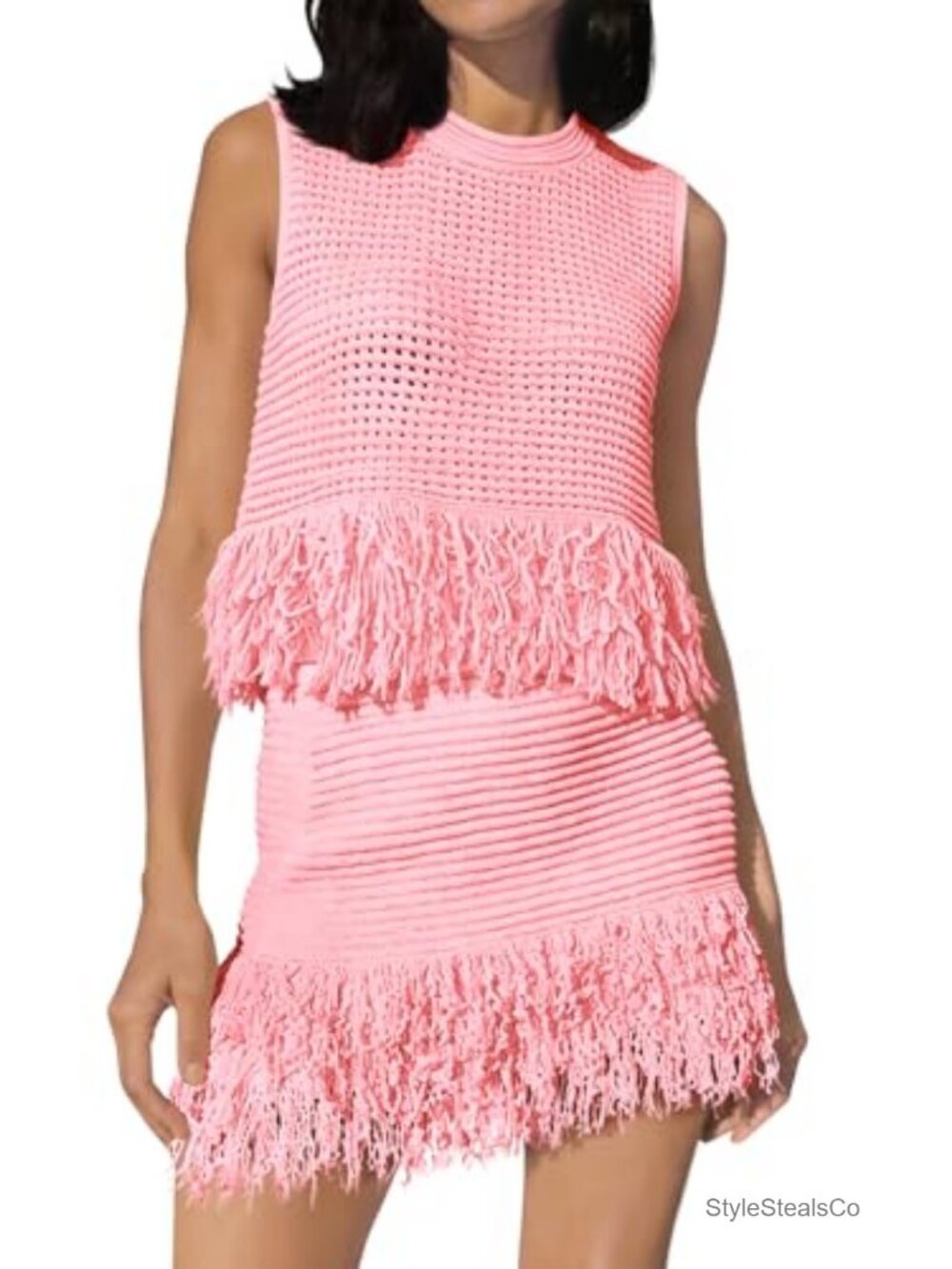 Crochet 2 Piece Outfit Sleeveless Knit Top Fringe Skirt Set